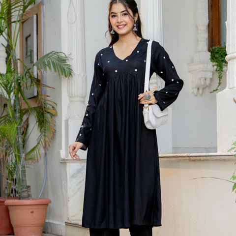 Women Black Embroidered V-Neck Flared Kurta Pant Set