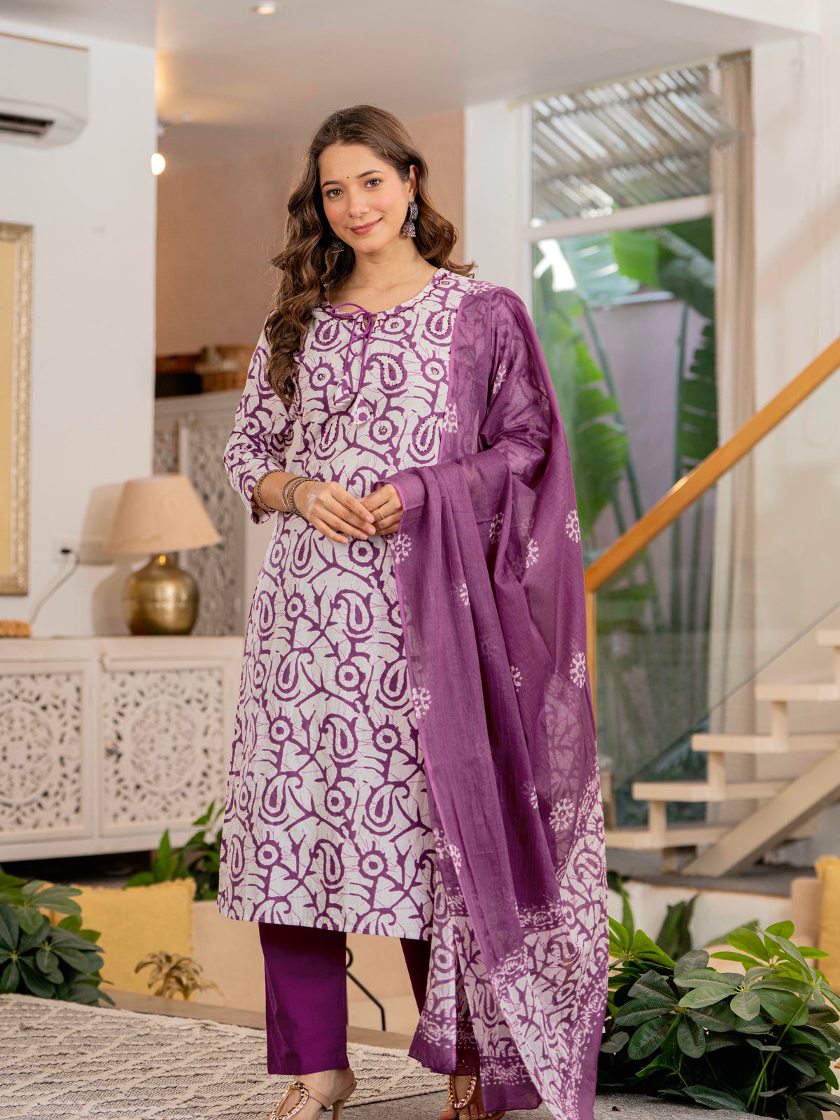 Women Mauve Botanical Print Mirror Work Cotton Kurta Pant Dupatta Set