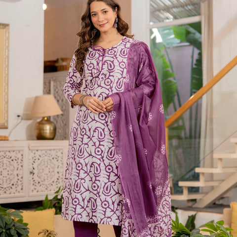 Women Mauve Botanical Print Mirror Work Cotton Kurta Pant Dupatta Set