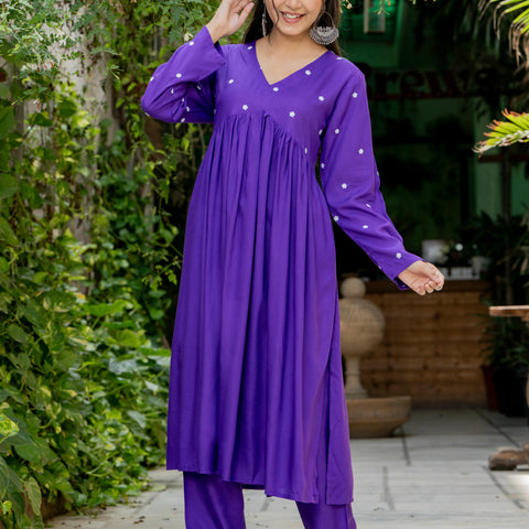 Women Purple Embroidered Full Sleeve Flared Kurta Pant Set