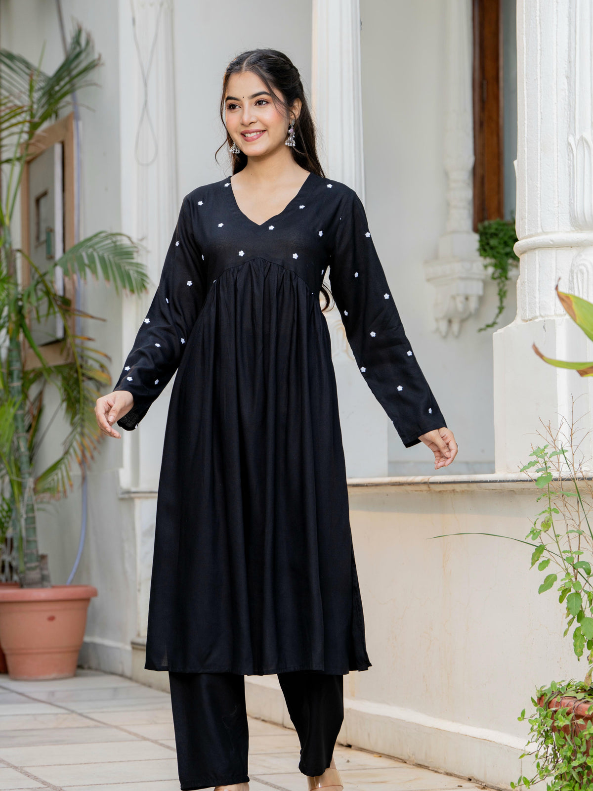 Women Black Embroidered V-Neck Flared Kurta Pant Set