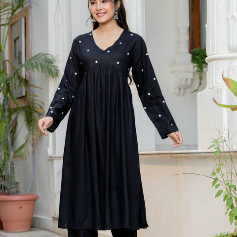 Women Black Embroidered V-Neck Flared Kurta Pant Set