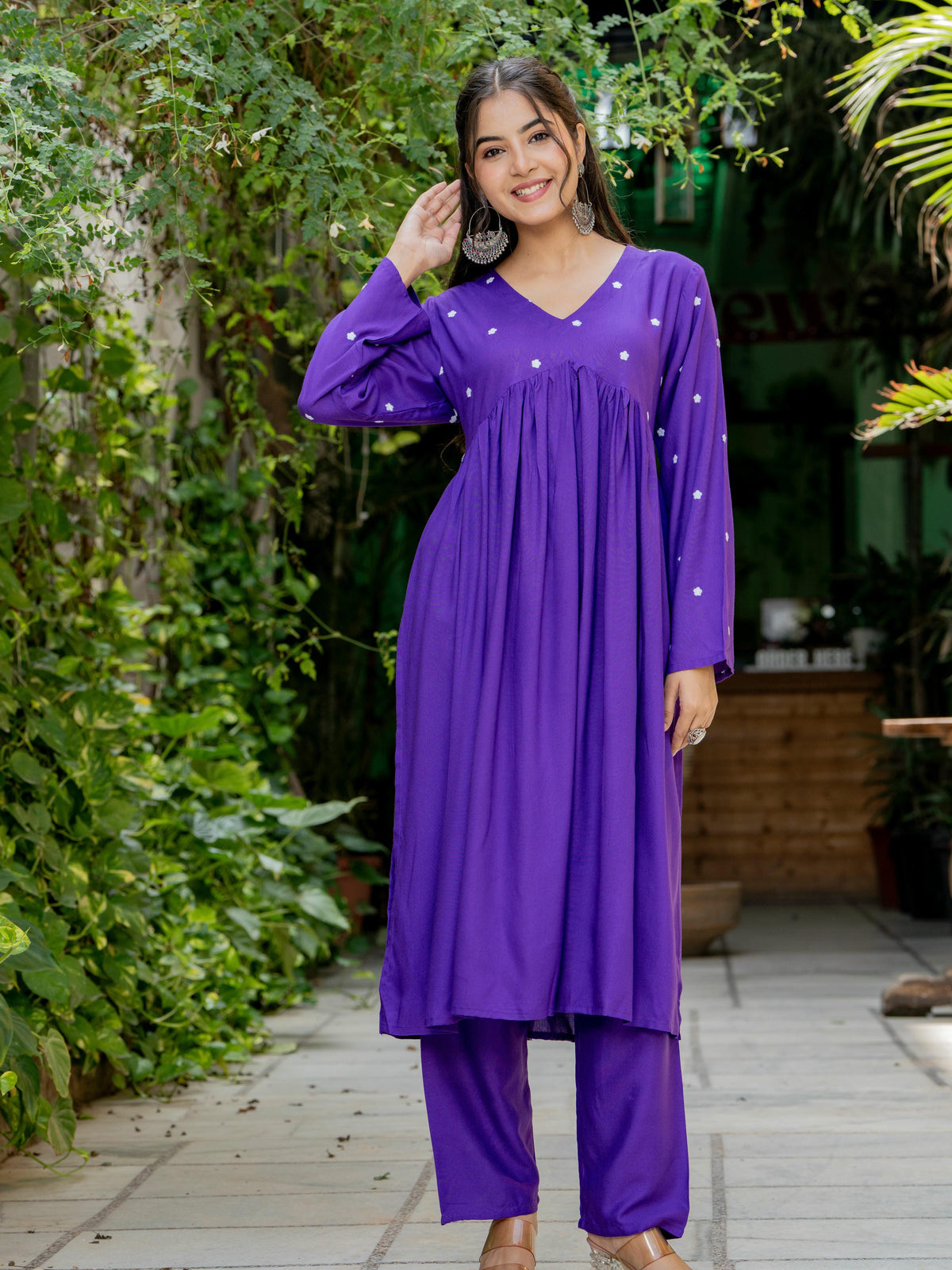 Women Purple Embroidered Full Sleeve Flared Kurta Pant Set