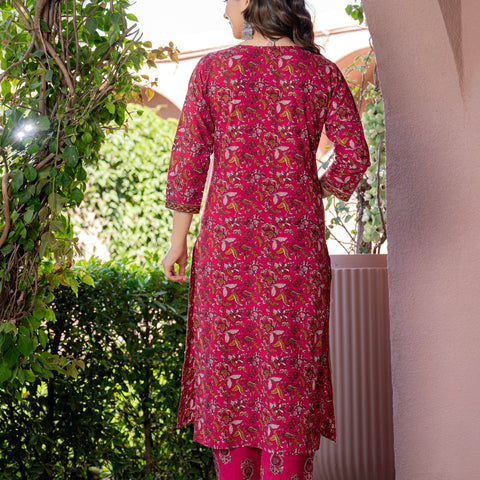 Women Red Floral Printed Cotton Straight Kurta Pant Dupatta Set