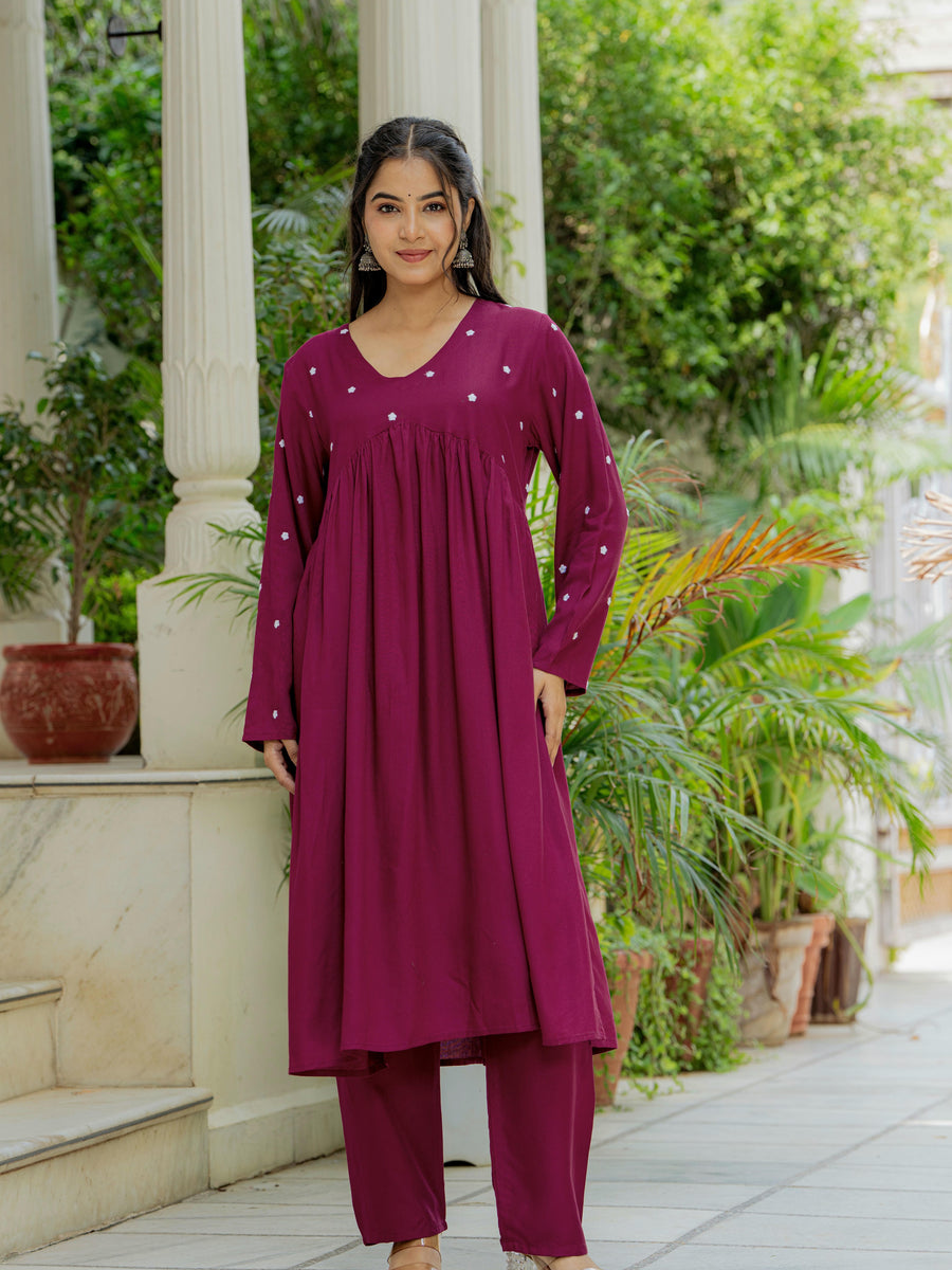 Women Wine Embroidered Cotton Rayon Alia Cut Kurta Pant Set