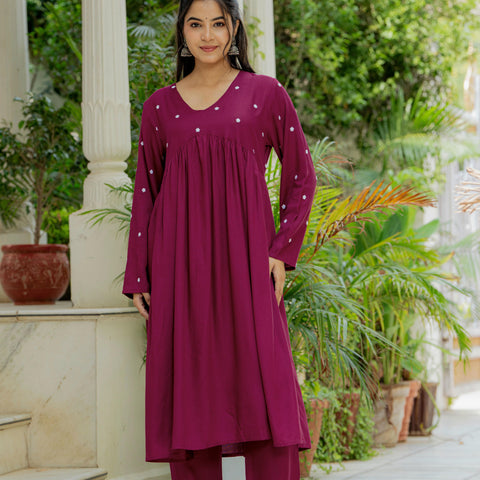 Women Wine Embroidered Cotton Rayon Alia Cut Kurta Pant Set