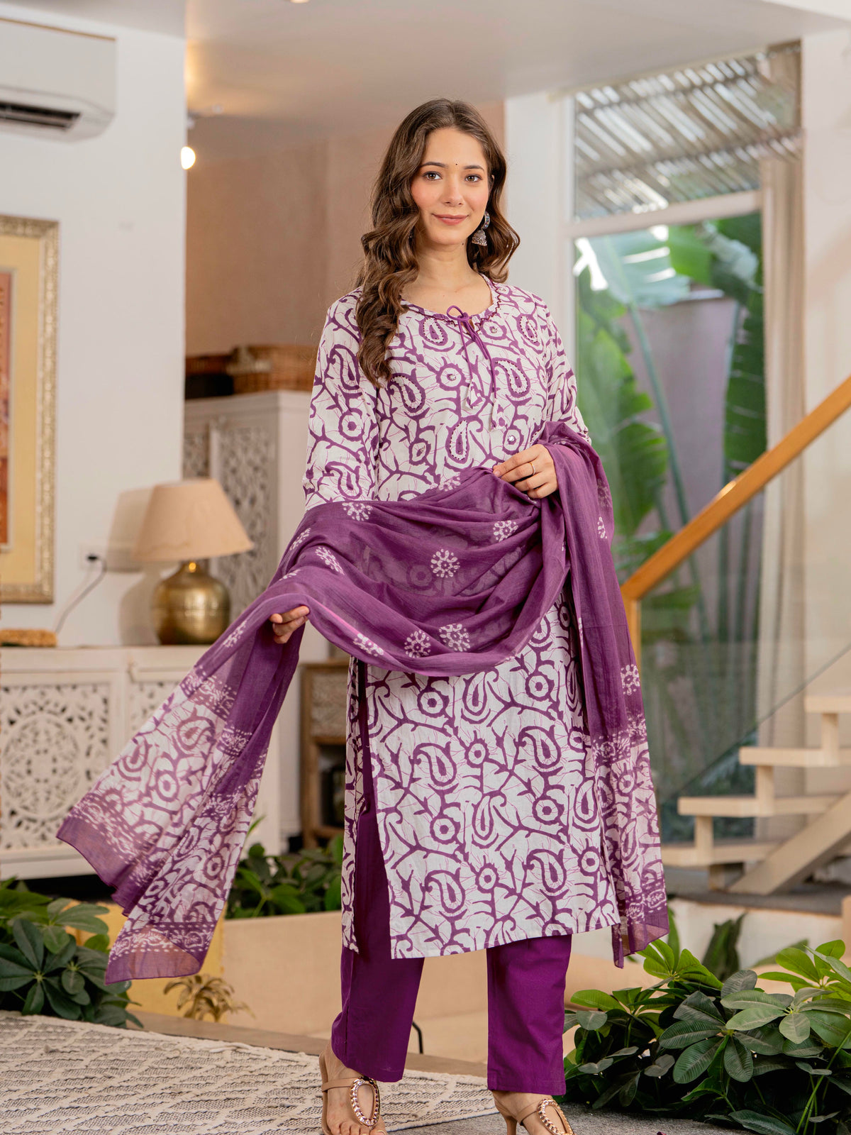 Women Mauve Botanical Print Mirror Work Cotton Kurta Pant Dupatta Set
