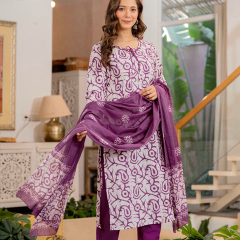 Women Mauve Botanical Print Mirror Work Cotton Kurta Pant Dupatta Set