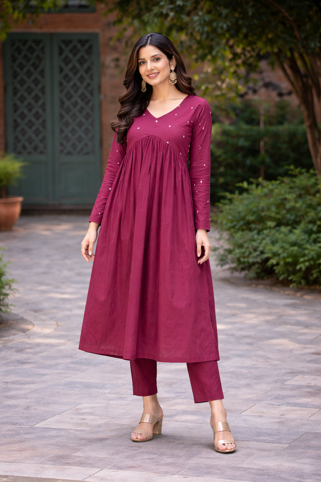 Women Maroon Embroidered Cotton Rayon Flared Kurta Pant Set