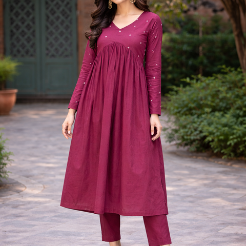 Women Maroon Embroidered Cotton Rayon Flared Kurta Pant Set