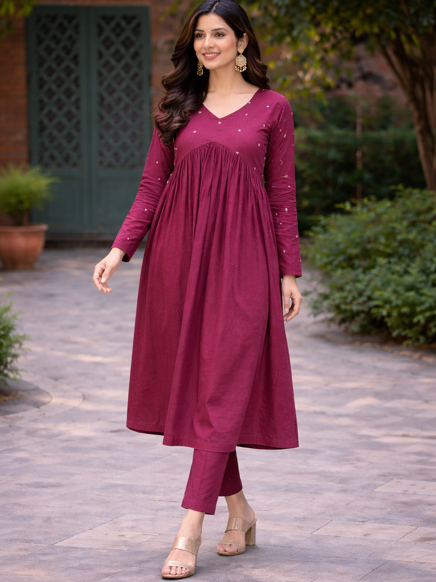 Women Maroon Embroidered Cotton Rayon Flared Kurta Pant Set