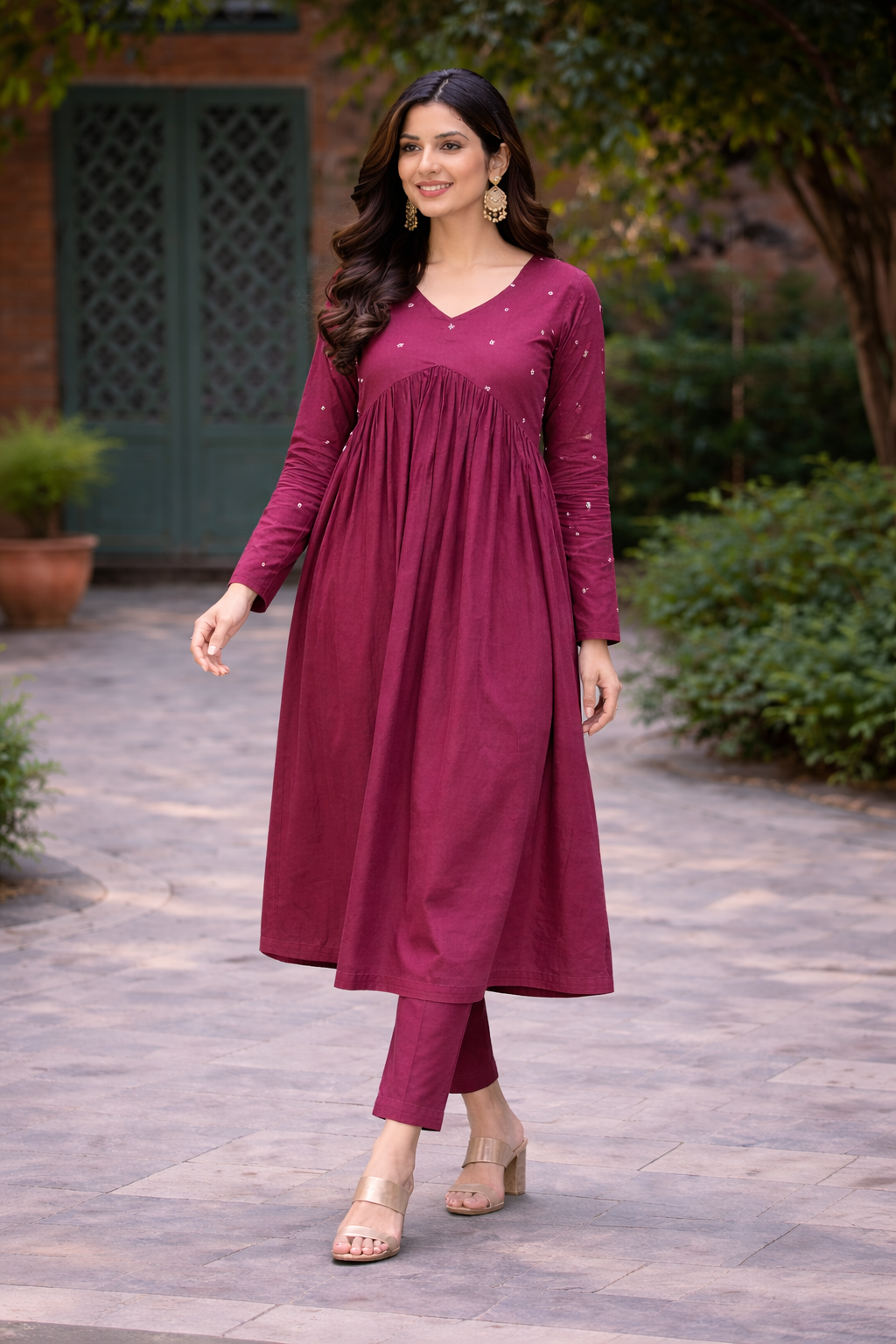 Women Maroon Embroidered Cotton Rayon Flared Kurta Pant Set