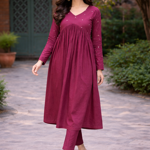 Women Maroon Embroidered Cotton Rayon Flared Kurta Pant Set