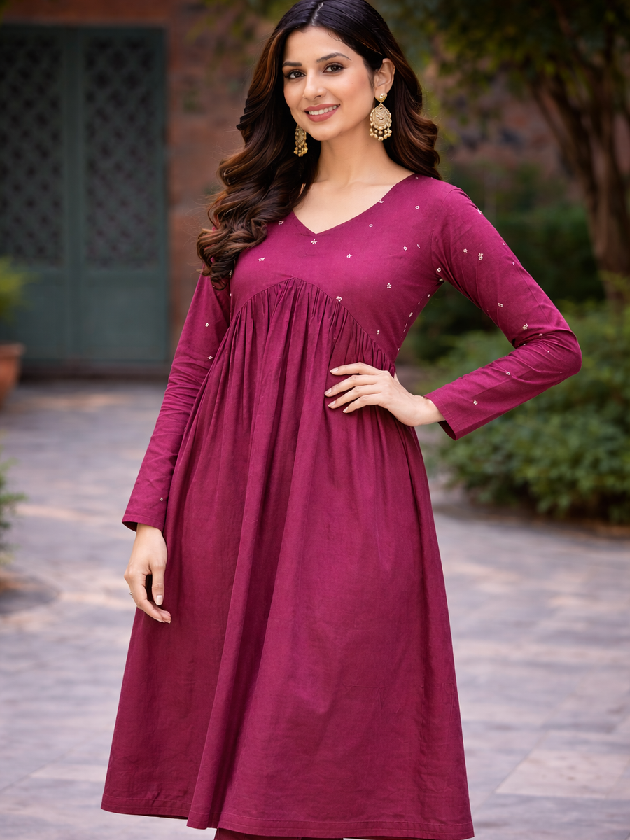 Women Maroon Embroidered Cotton Rayon Flared Kurta Pant Set