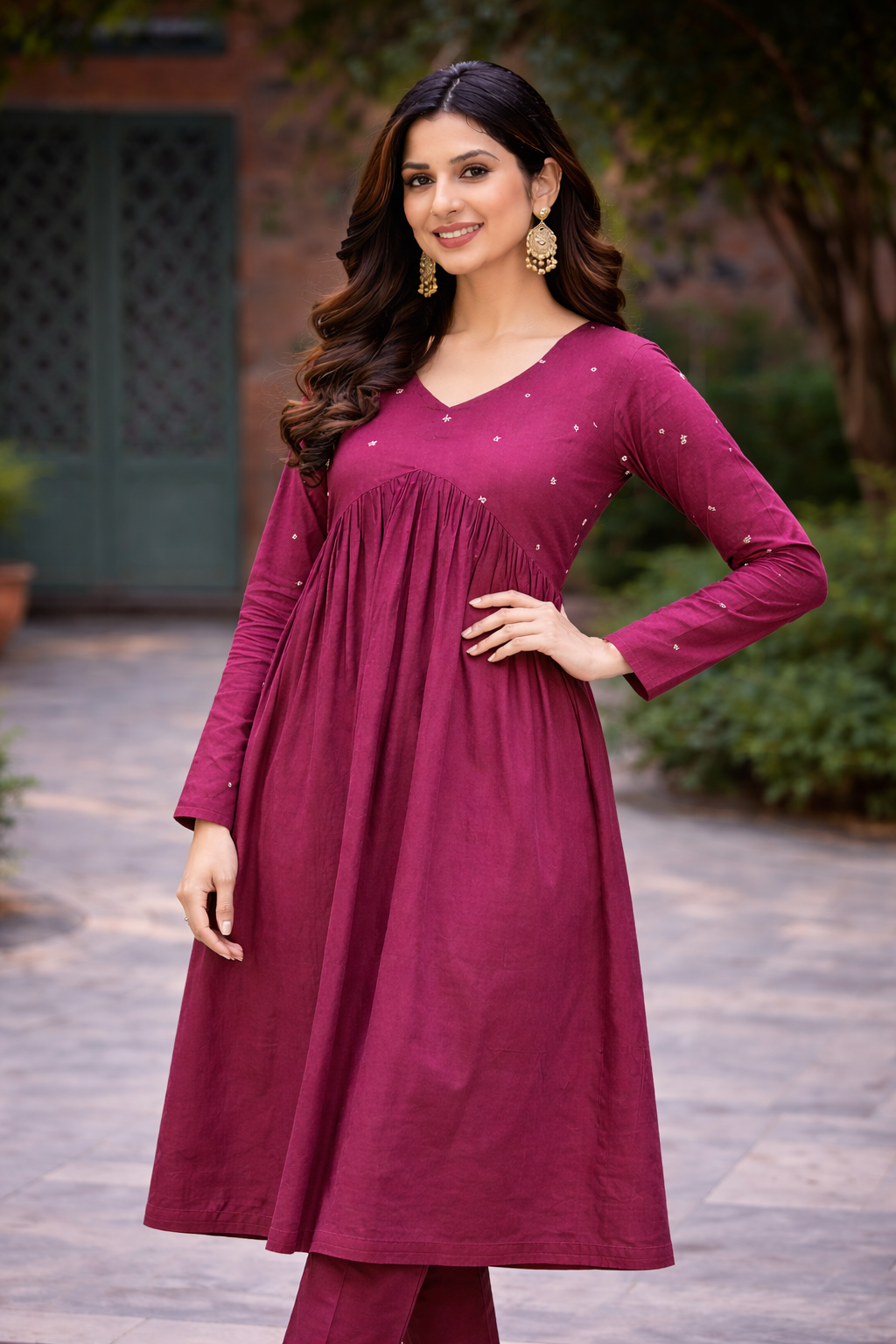 Women Maroon Embroidered Cotton Rayon Flared Kurta Pant Set
