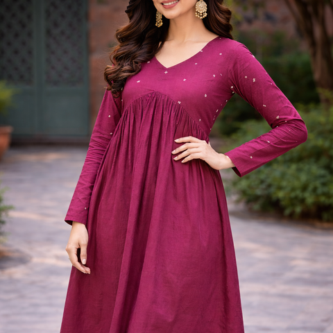 Women Maroon Embroidered Cotton Rayon Flared Kurta Pant Set