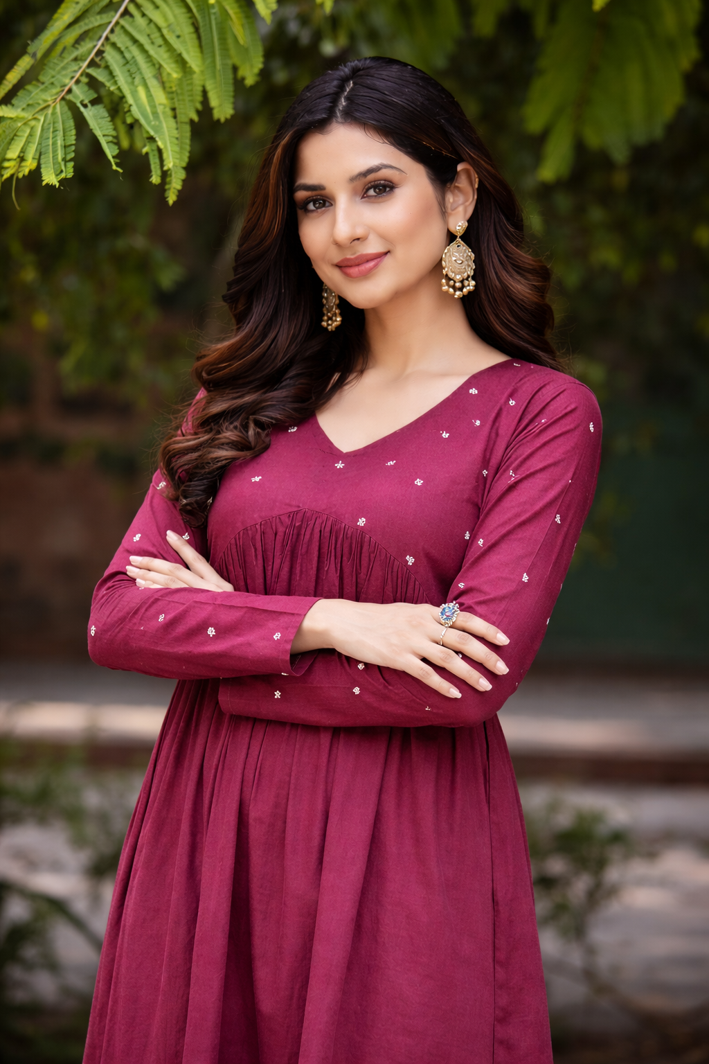 Women Maroon Embroidered Cotton Rayon Flared Kurta Pant Set
