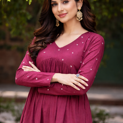 Women Maroon Embroidered Cotton Rayon Flared Kurta Pant Set