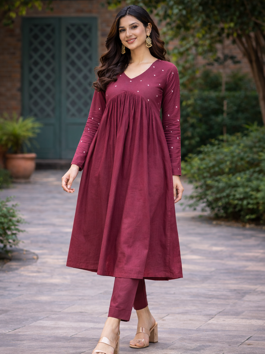 Women Maroon Embroidered Cotton Rayon Flared Kurta Pant Set