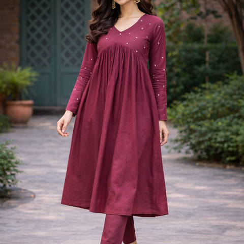 Women Maroon Embroidered Cotton Rayon Flared Kurta Pant Set