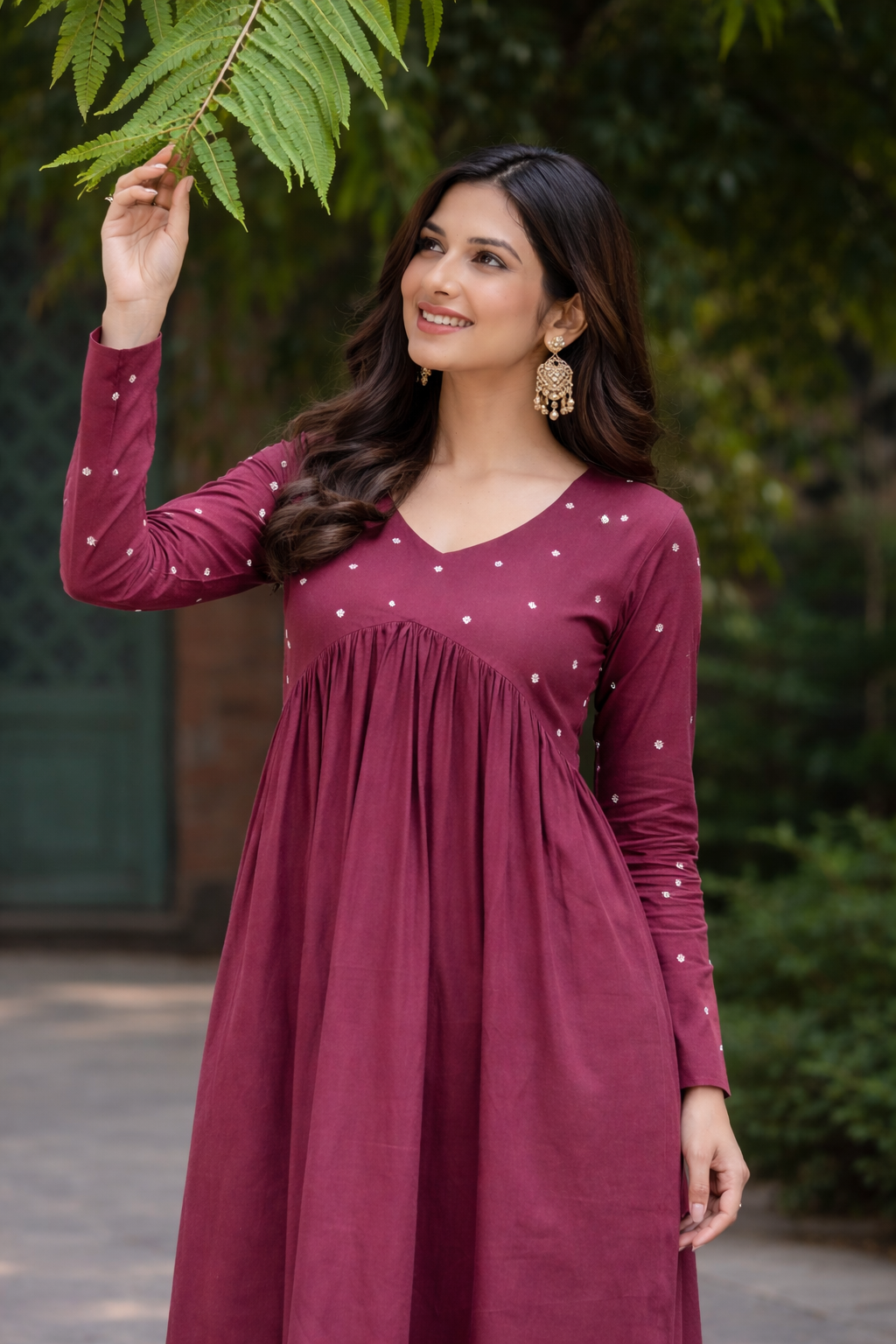 Women Maroon Embroidered Cotton Rayon Flared Kurta Pant Set