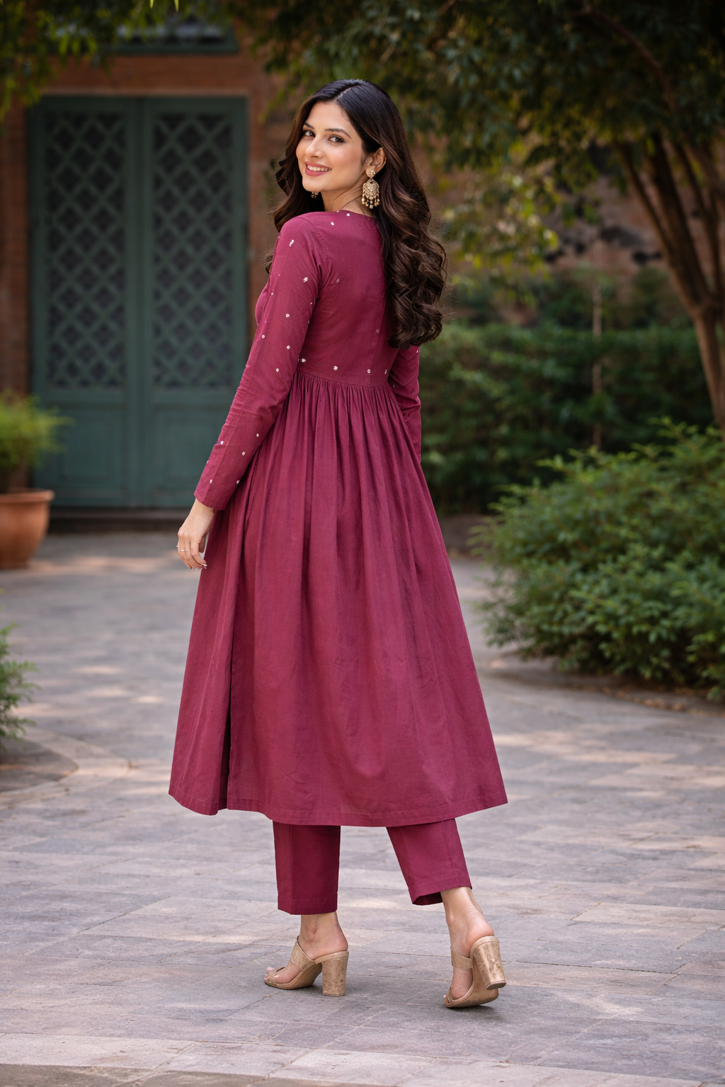 Women Maroon Embroidered Cotton Rayon Flared Kurta Pant Set