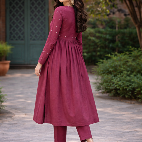 Women Maroon Embroidered Cotton Rayon Flared Kurta Pant Set