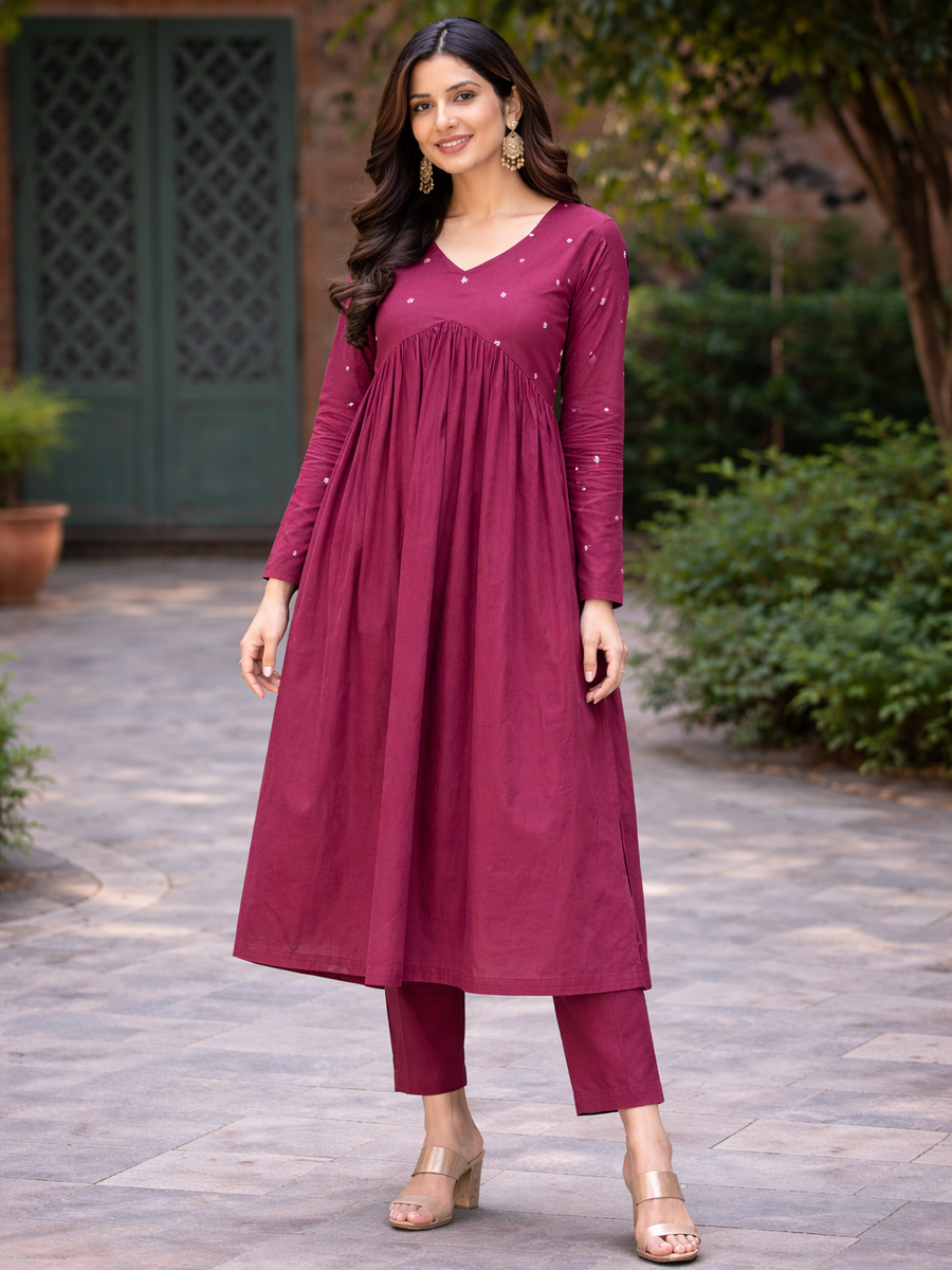 Women Maroon Embroidered Cotton Rayon Flared Kurta Pant Set
