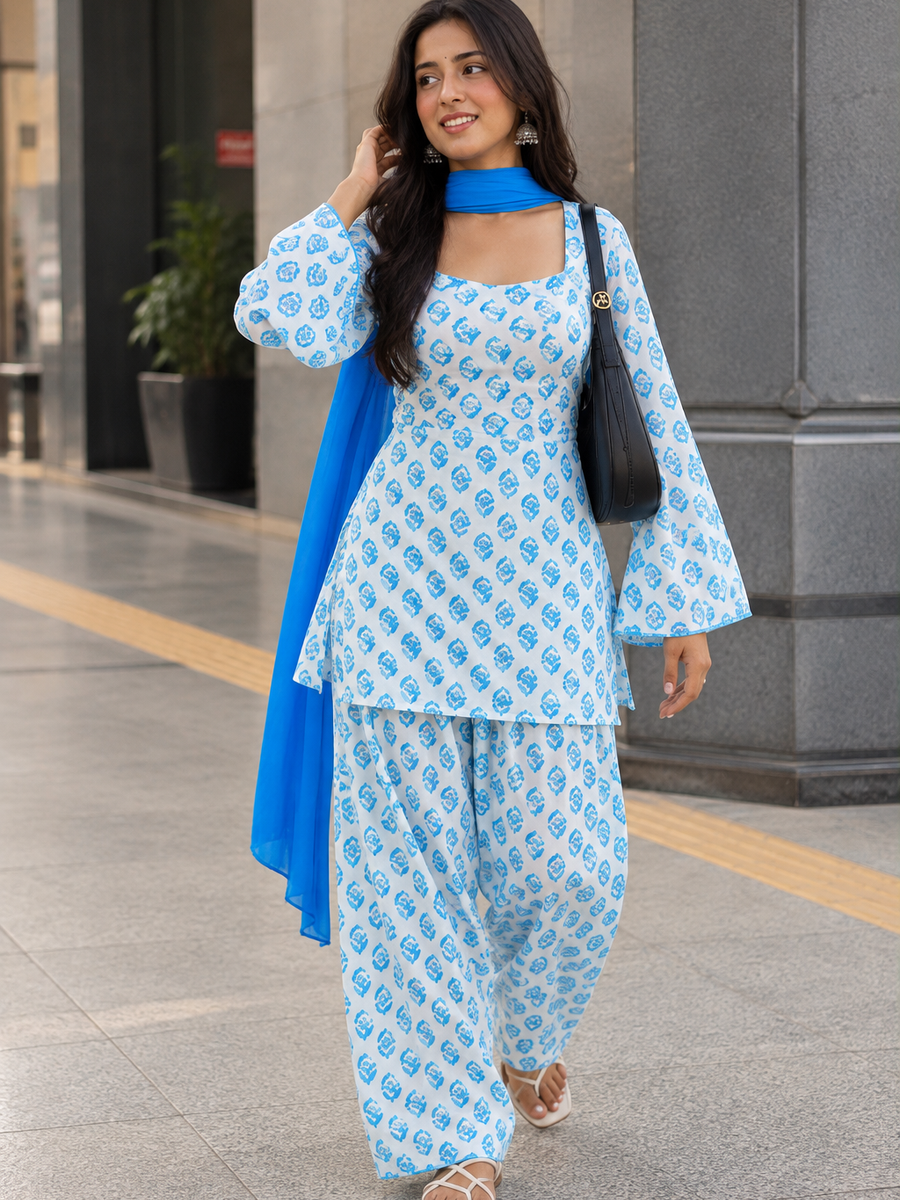 Women Sky Blue Floral Cotton Farshi Salwar Suit with Chiffon Dupatta