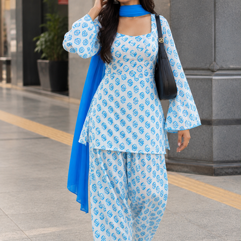 Women Sky Blue Floral Cotton Farshi Salwar Suit with Chiffon Dupatta