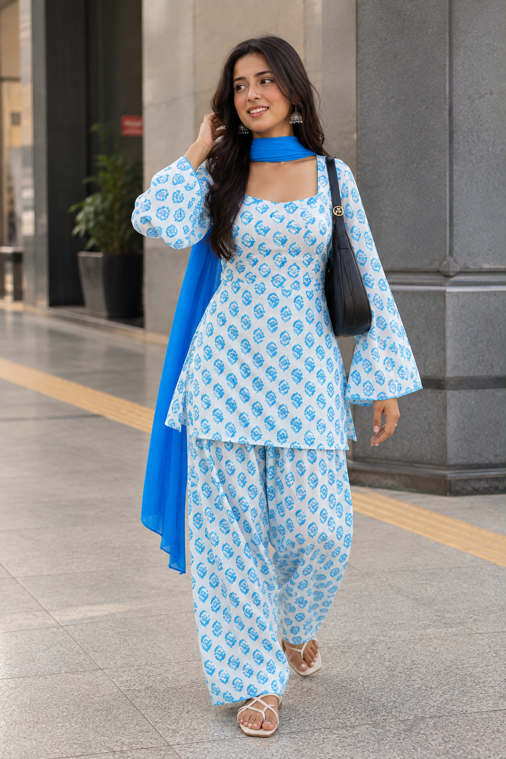 Women Sky Blue Floral Cotton Farshi Salwar Suit with Chiffon Dupatta