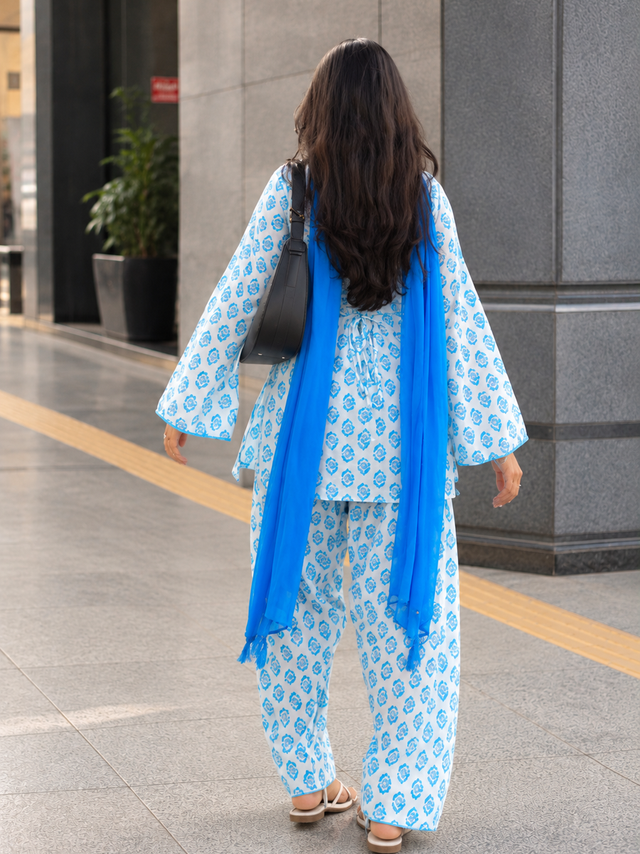 Women Sky Blue Floral Cotton Farshi Salwar Suit with Chiffon Dupatta