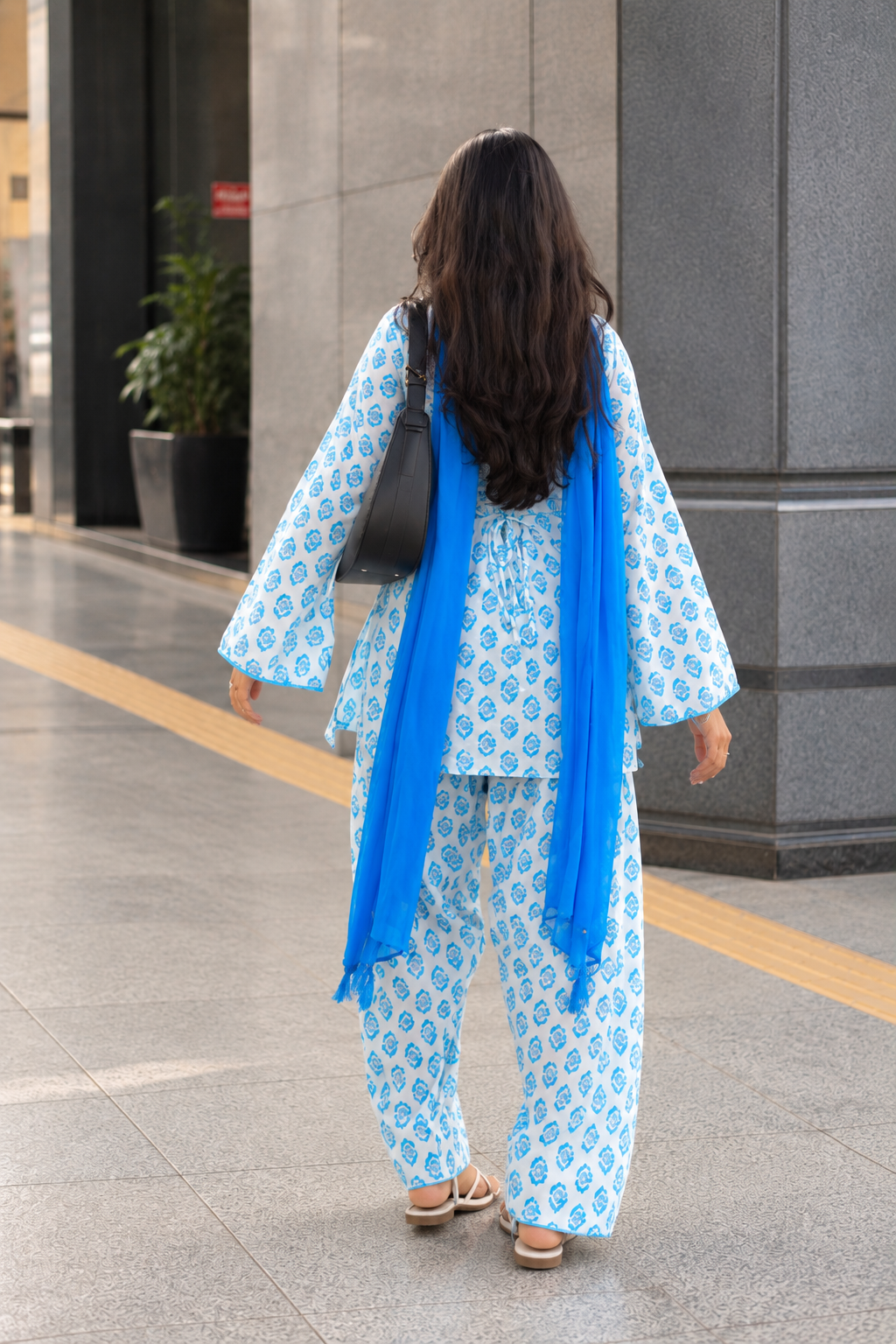 Women Sky Blue Floral Cotton Farshi Salwar Suit with Chiffon Dupatta