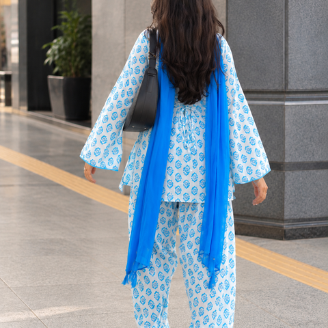 Women Sky Blue Floral Cotton Farshi Salwar Suit with Chiffon Dupatta