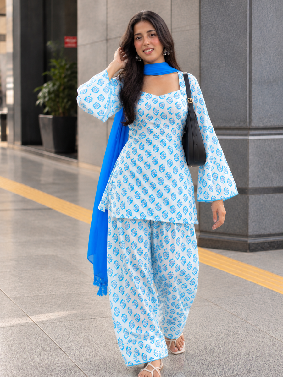 Women Sky Blue Floral Cotton Farshi Salwar Suit with Chiffon Dupatta