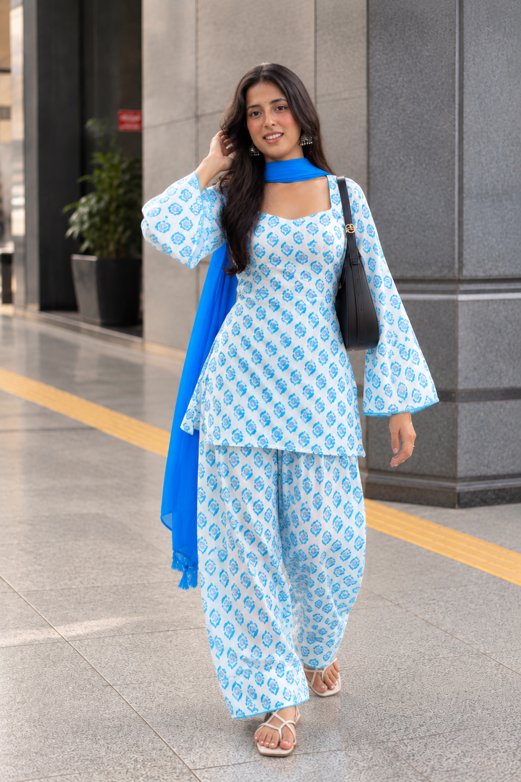Women Sky Blue Floral Cotton Farshi Salwar Suit with Chiffon Dupatta