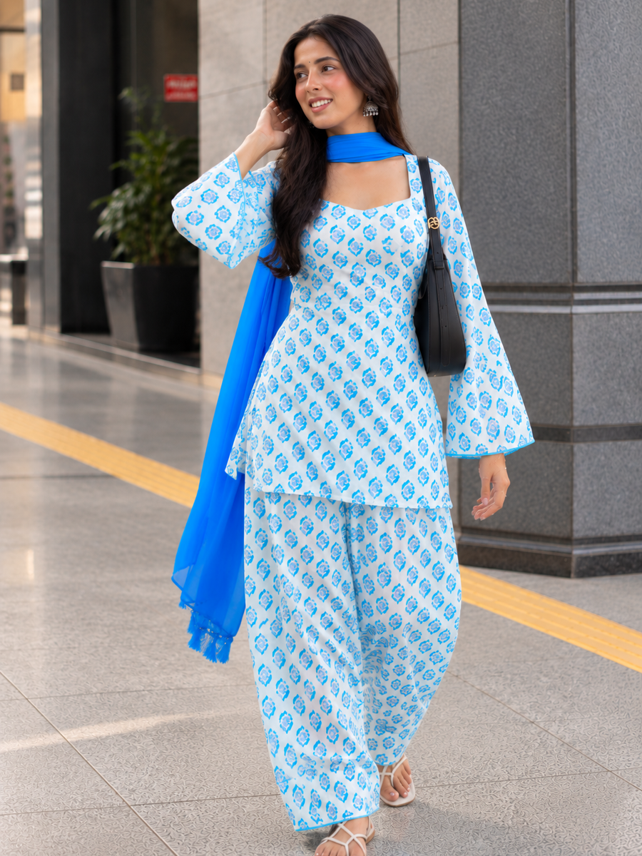 Women Sky Blue Floral Cotton Farshi Salwar Suit with Chiffon Dupatta