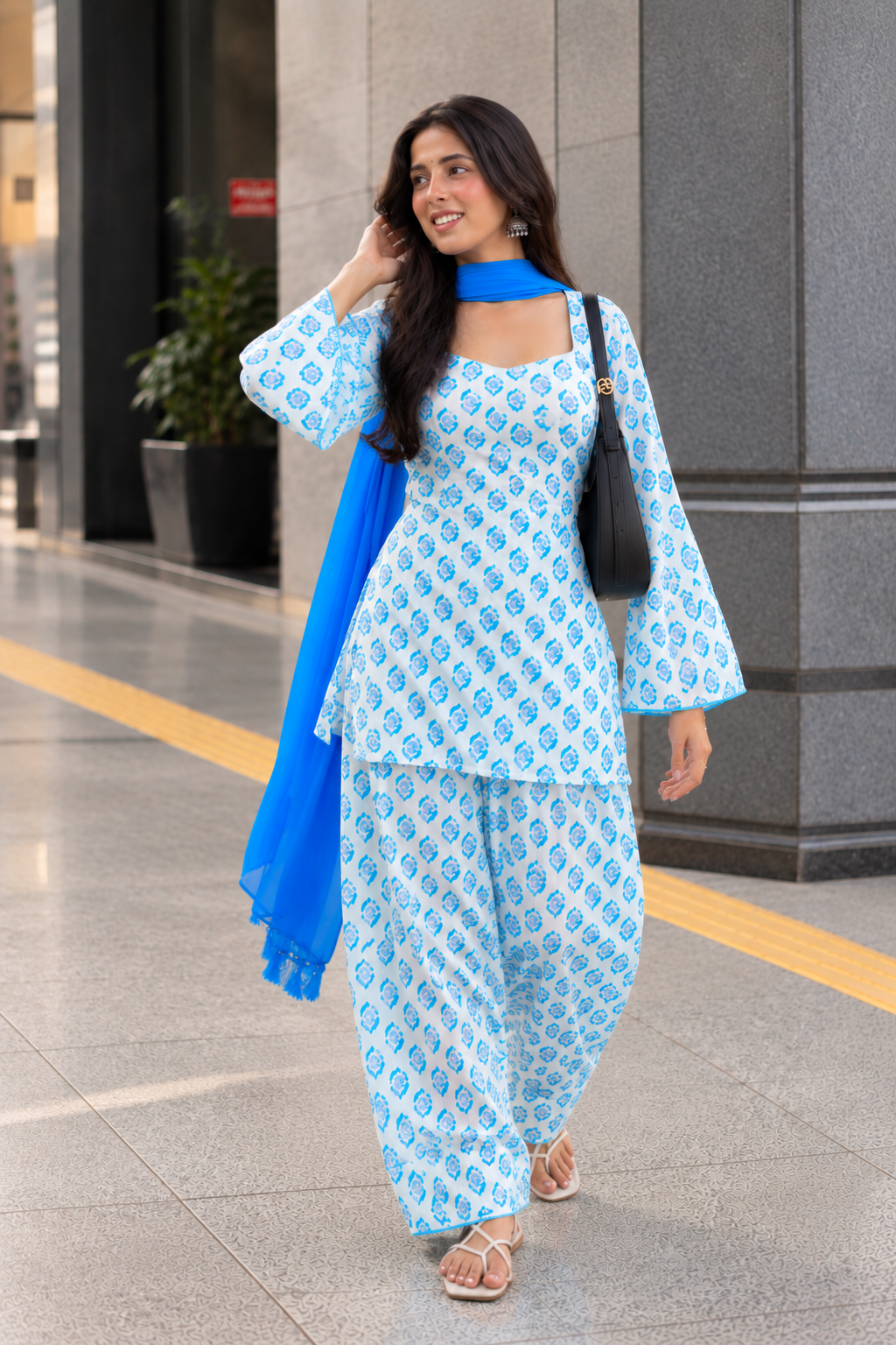 Women Sky Blue Floral Cotton Farshi Salwar Suit with Chiffon Dupatta