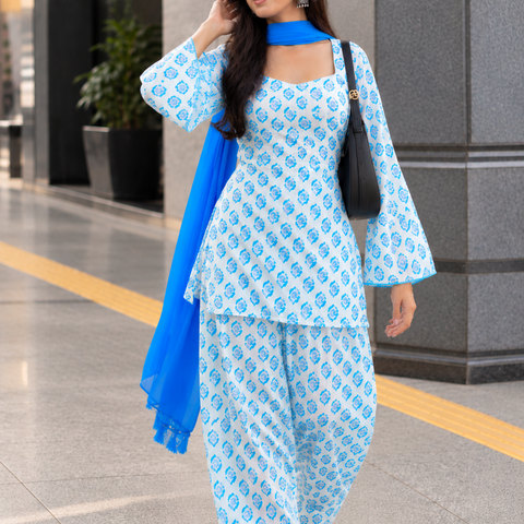 Women Sky Blue Floral Cotton Farshi Salwar Suit with Chiffon Dupatta