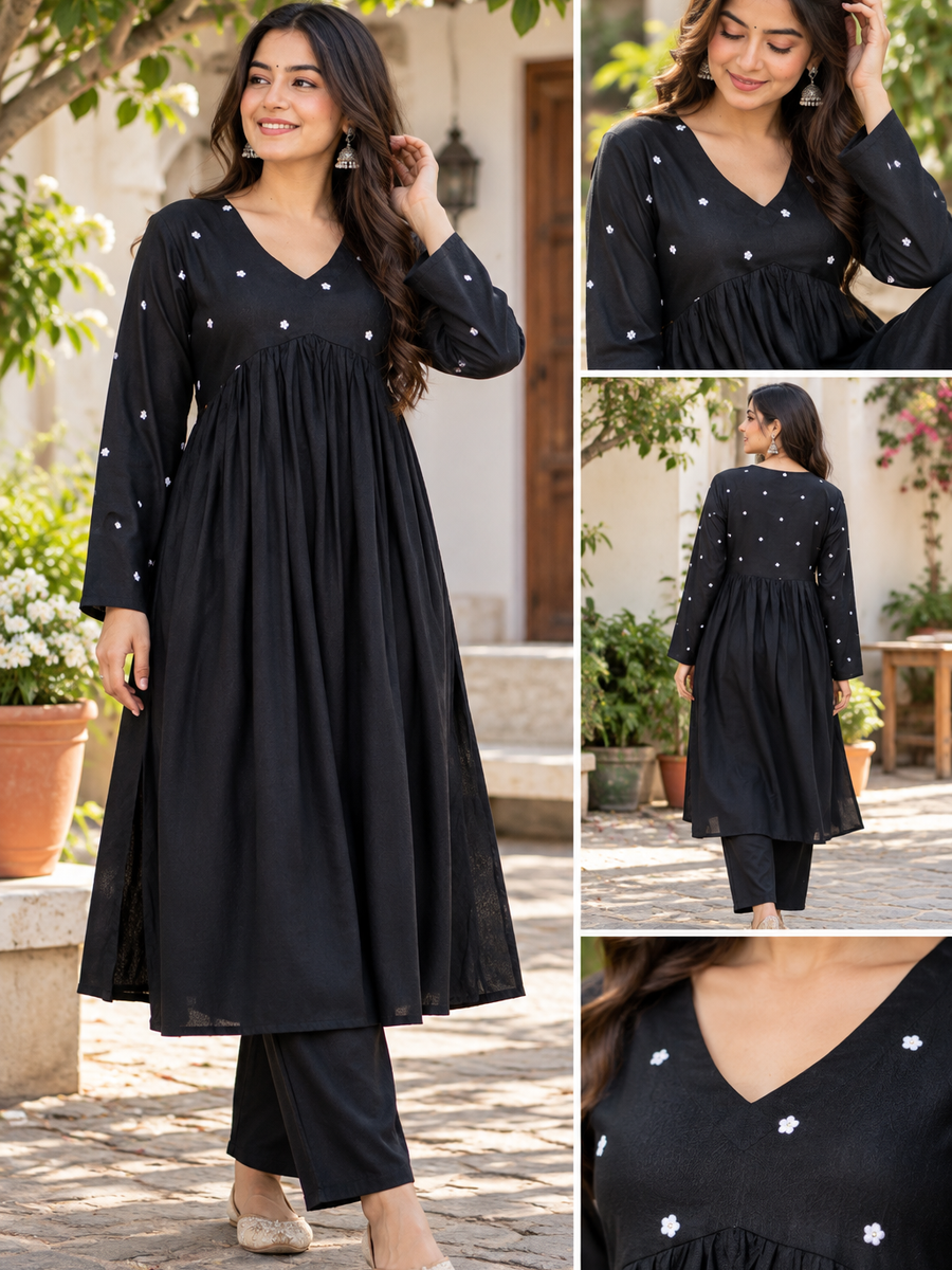 Women Black Embroidered Cotton Rayon Alia Cut Kurta with Pant