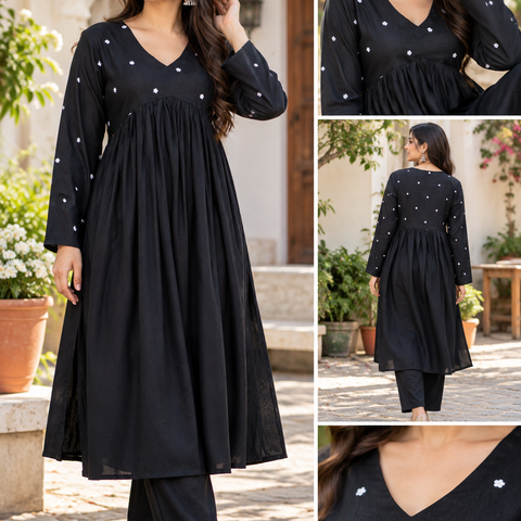 Women Black Embroidered Cotton Rayon Alia Cut Kurta with Pant