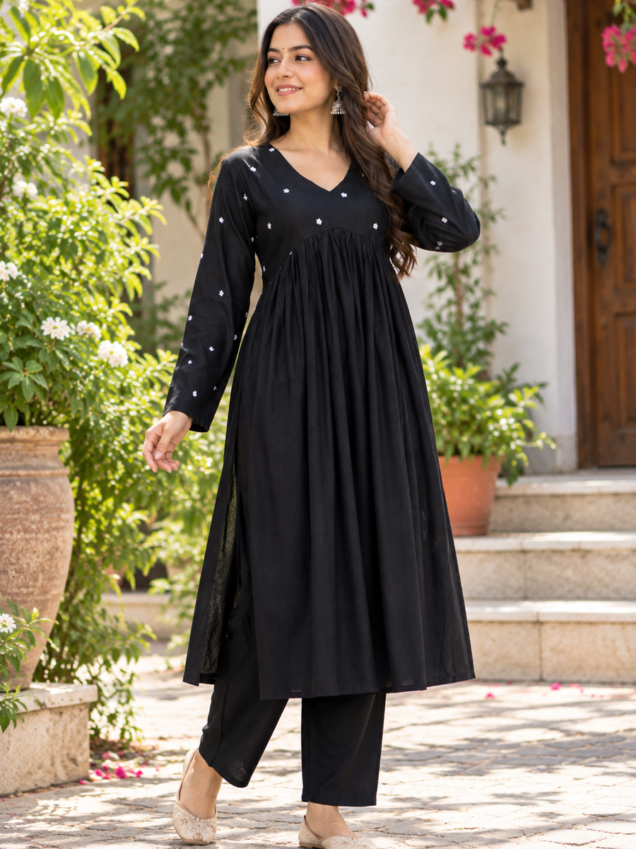 Women Black Embroidered Cotton Rayon Alia Cut Kurta with Pant