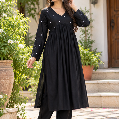 Women Black Embroidered Cotton Rayon Alia Cut Kurta with Pant