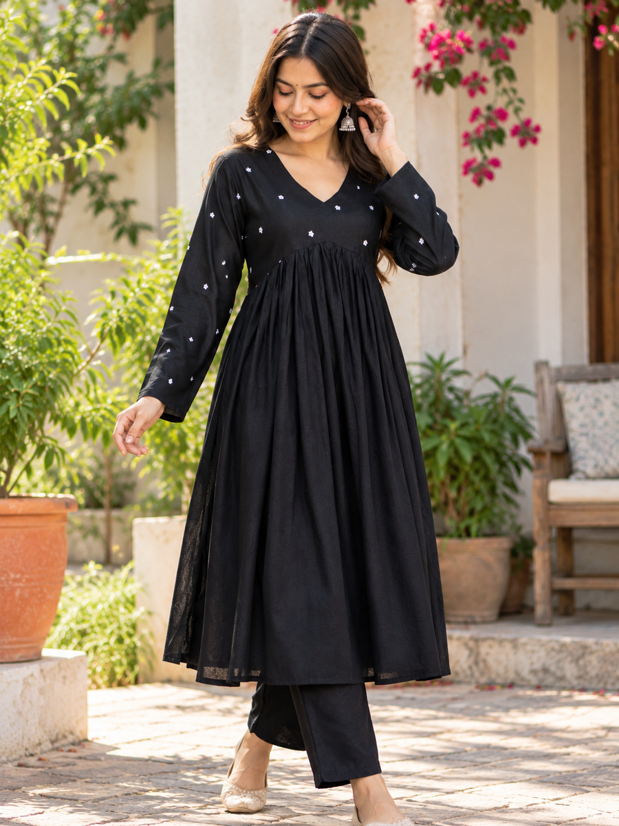 Women Black Embroidered Cotton Rayon Alia Cut Kurta with Pant