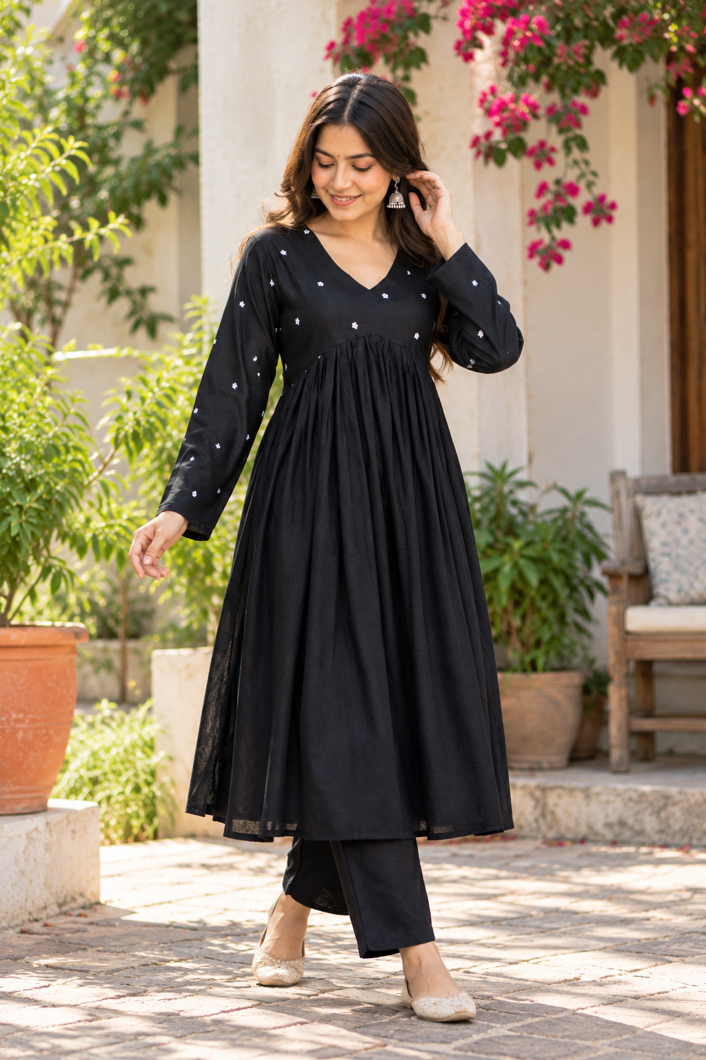 Women Black Embroidered Cotton Rayon Alia Cut Kurta with Pant