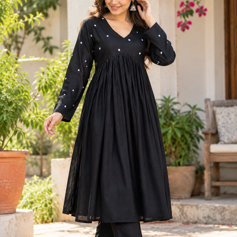 Women Black Embroidered Cotton Rayon Alia Cut Kurta with Pant