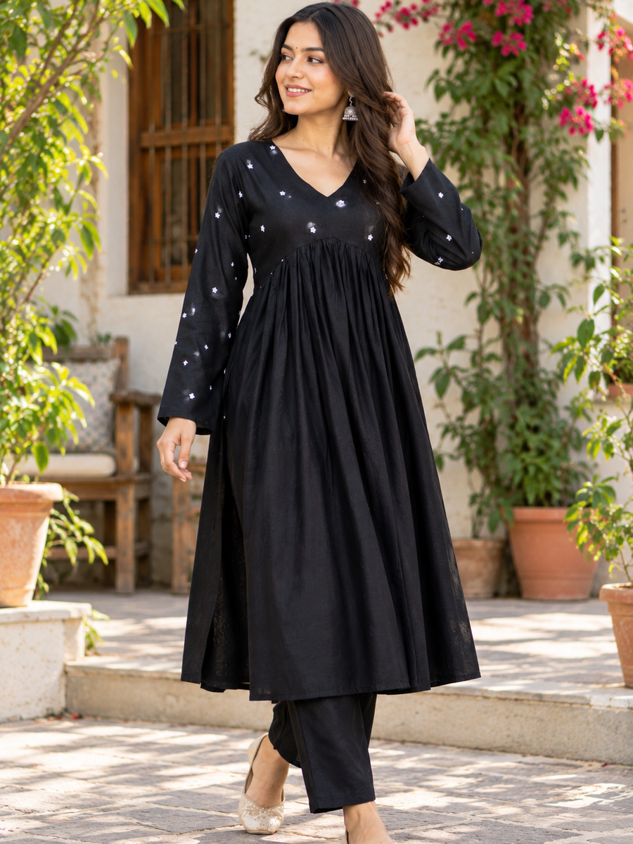 Women Black Embroidered Cotton Rayon Alia Cut Kurta with Pant
