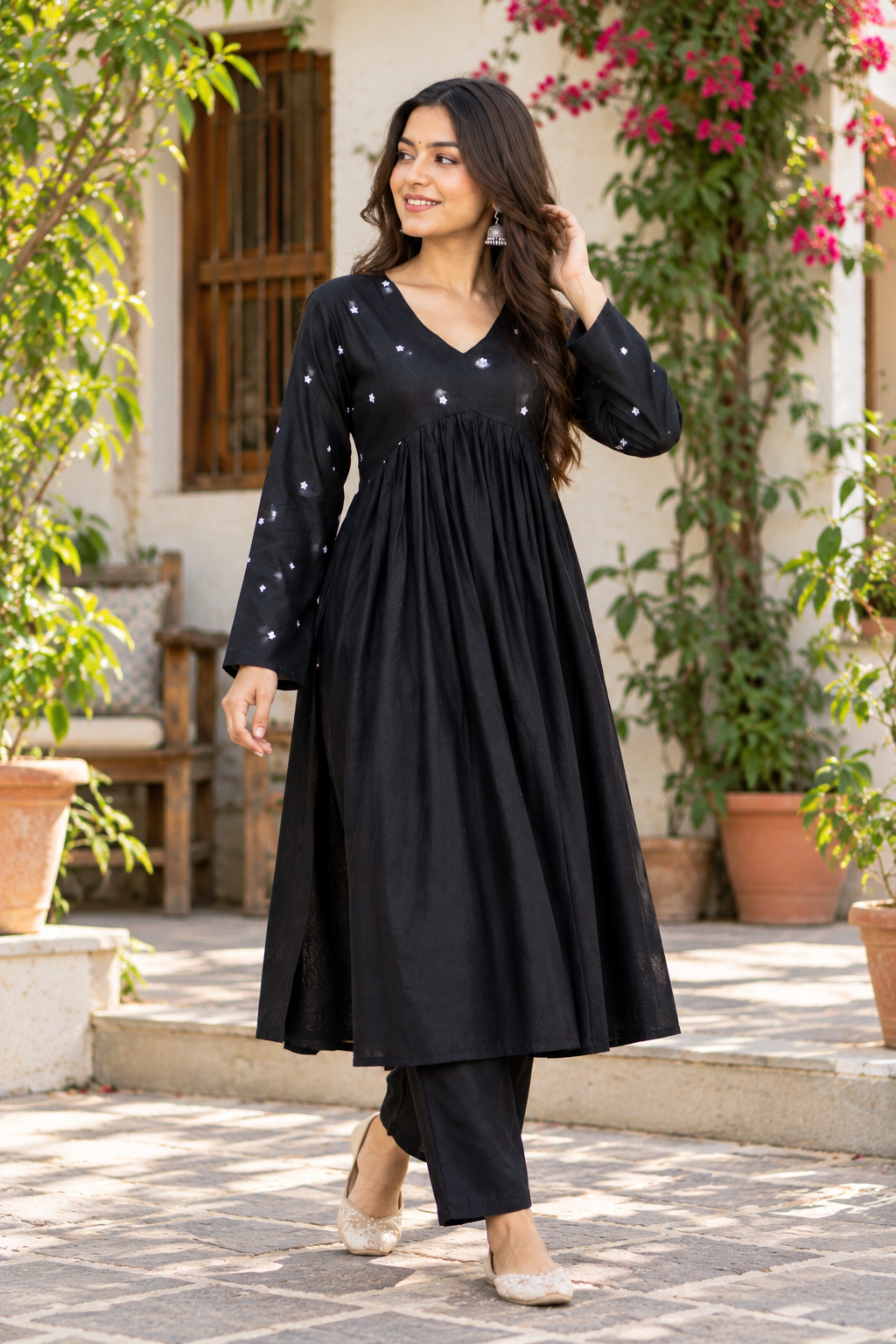Women Black Embroidered Cotton Rayon Alia Cut Kurta with Pant