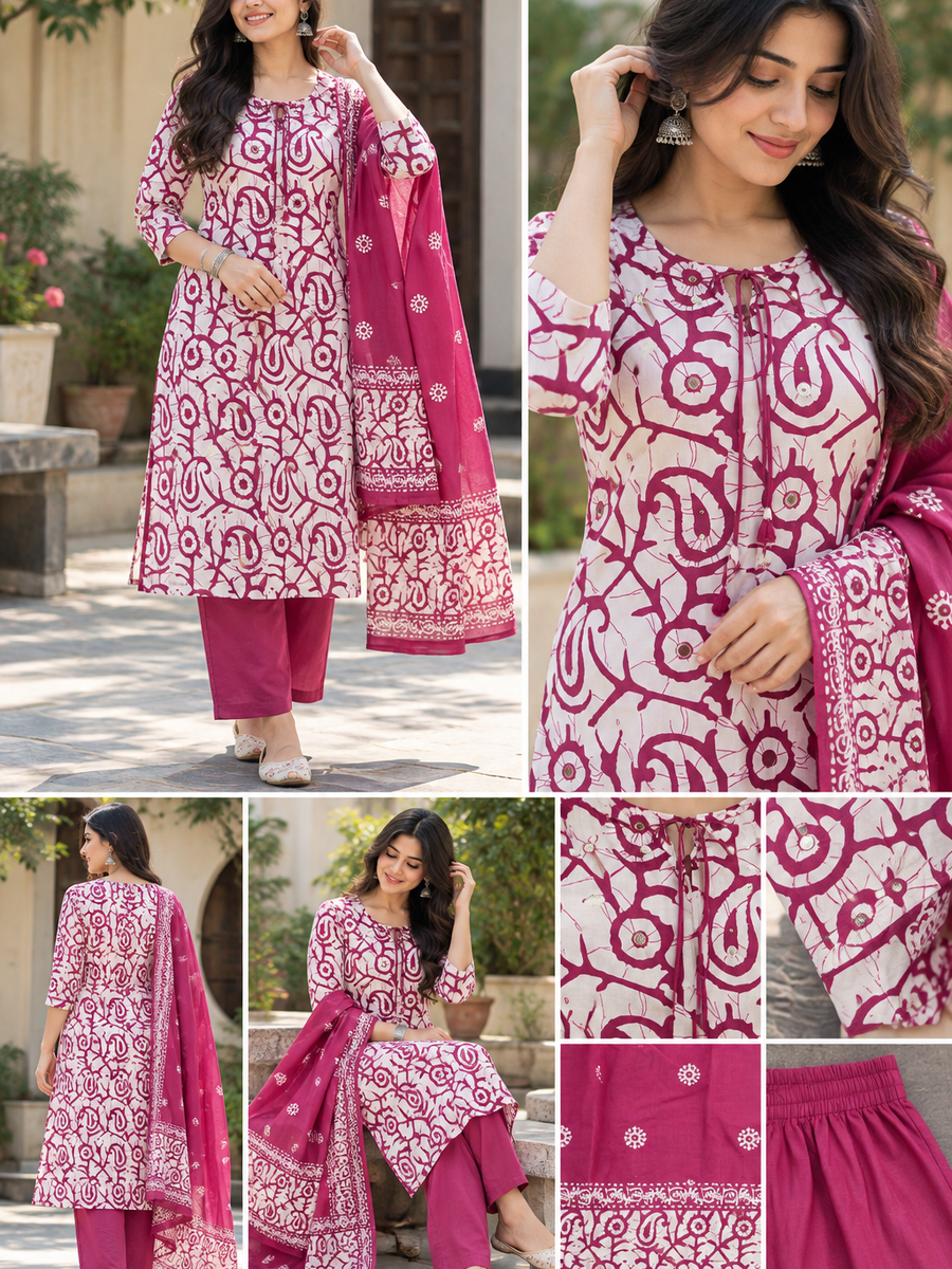 Women White & Mauve Botanical Cotton Kurta Pant Set with Mulmul Dupatta