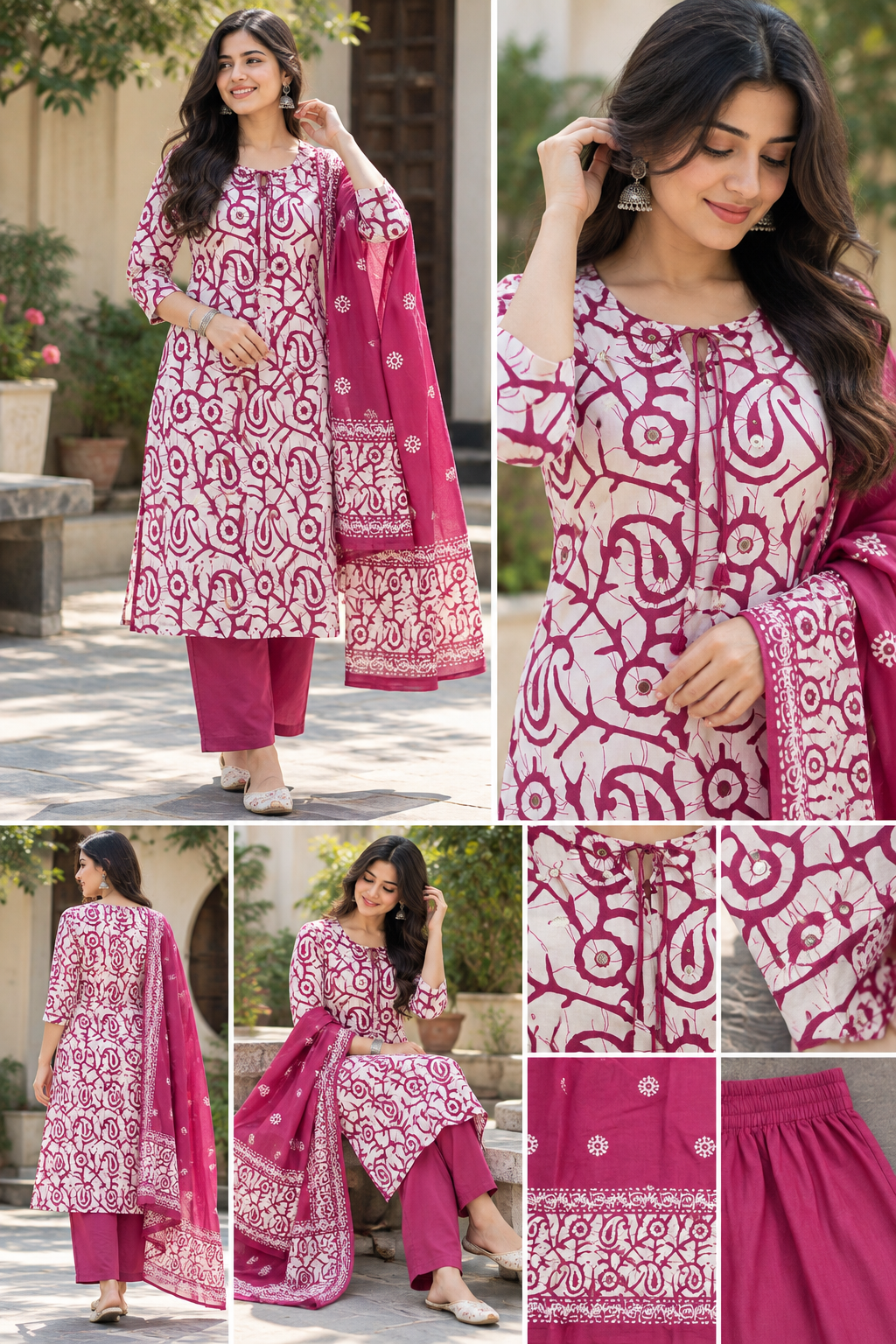 Women White & Mauve Botanical Cotton Kurta Pant Set with Mulmul Dupatta